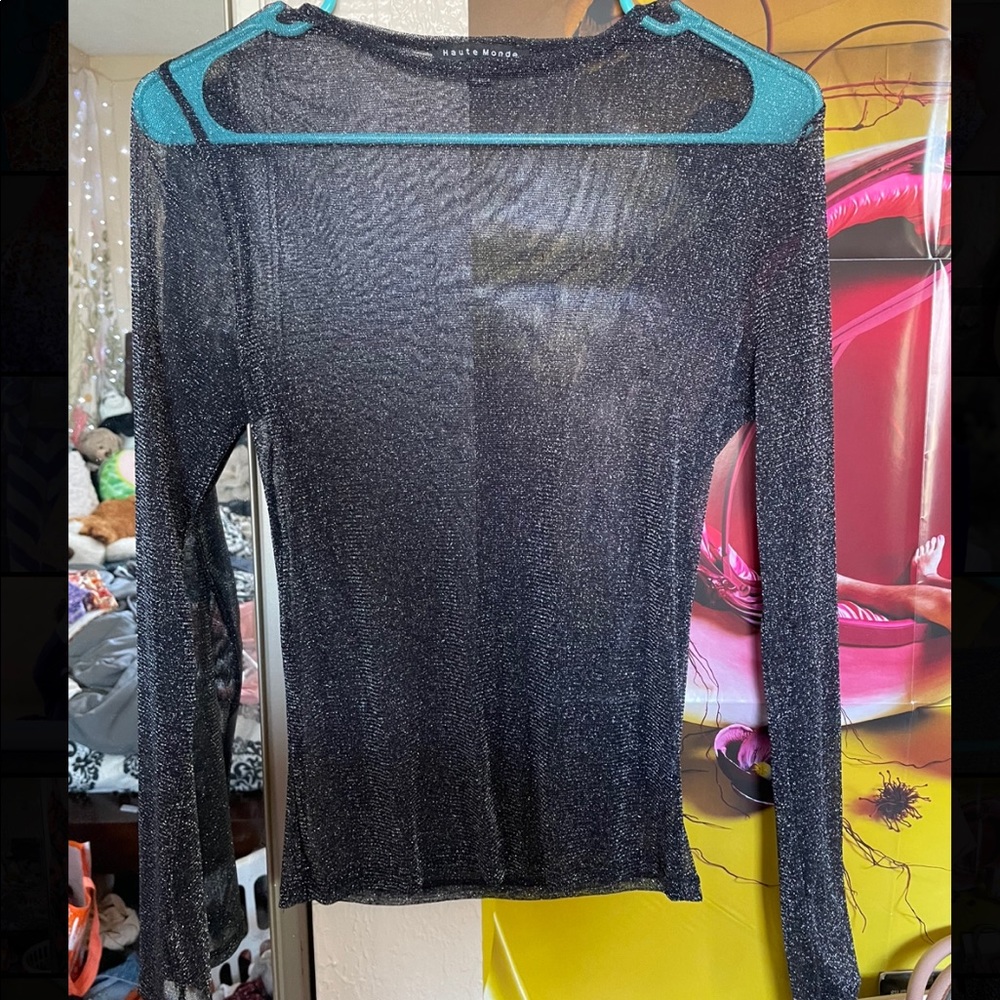 Silver black shimmer mesh long sleeve top
